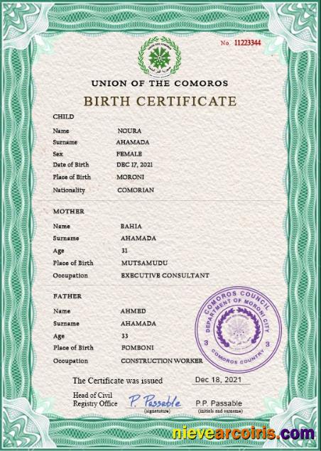 Comoros vital record birth certificate
